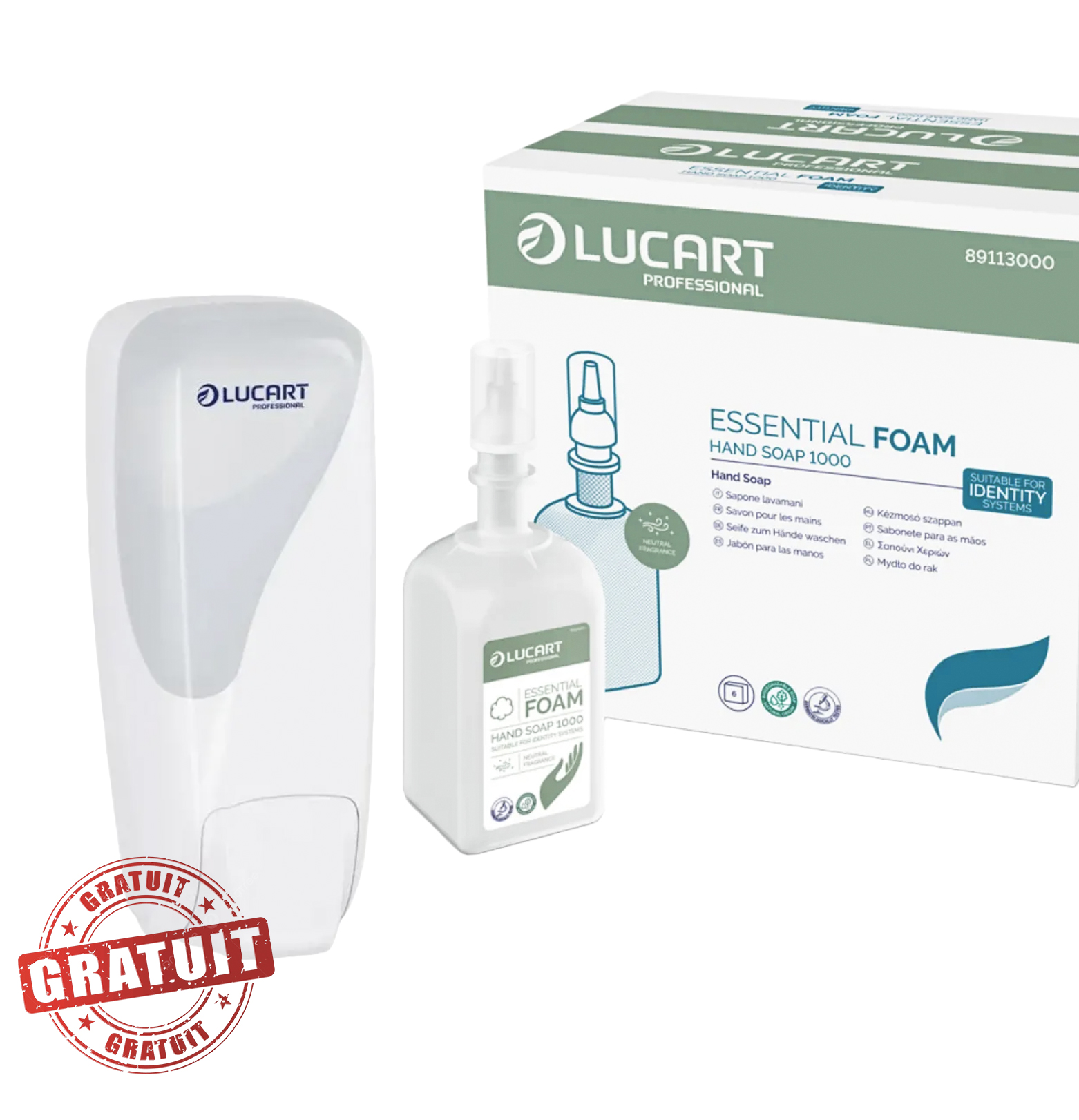 Pachet Dozator alb (gratis) pentru sapun spuma - Identity  LUCART  1000 ml + 6 rezerve Sapun Spuma (1 bax)